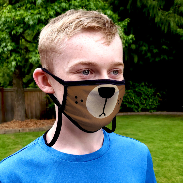 Buttonsmith Cartoon Bear Face Youth Adjustable Face Mask with Filter Pocket - Made in the USA - Buttonsmith Inc.