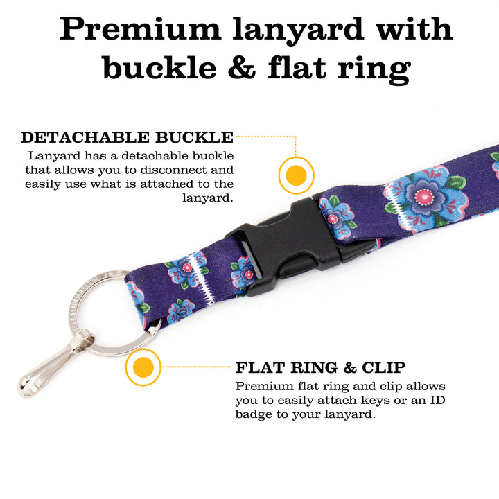 Buttonsmith Blue Rosemaling Premium Lanyard - with Buckle and Flat Ring - Based on Rebecca McGovern Art - Officially Licensed - Made in the USA - Buttonsmith Inc.