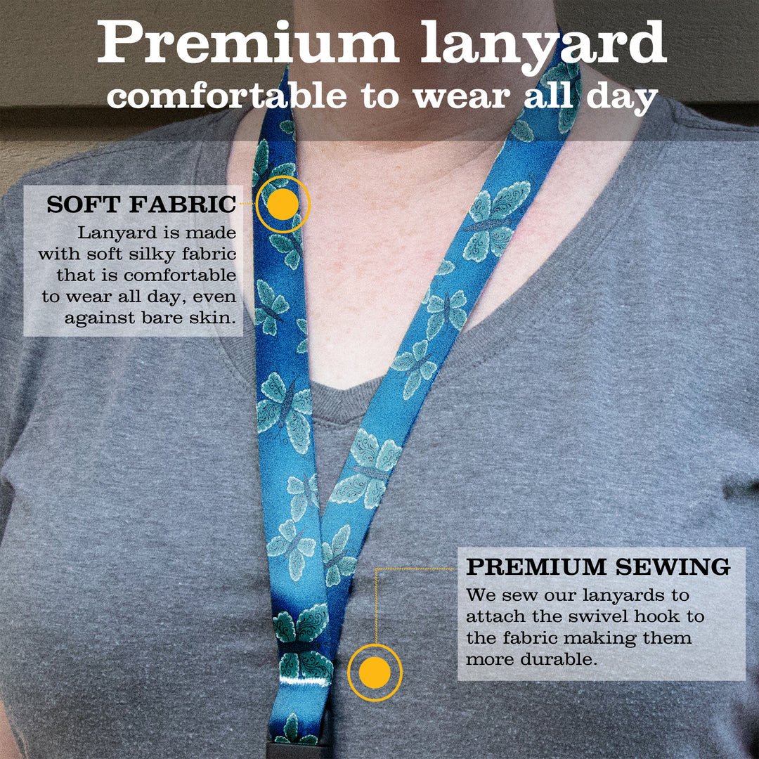 Buttonsmith Blue Butterflies Premium Lanyard - with Buckle and Flat Ring - Based on Rebecca McGovern Art - Officially Licensed - Made in the USA - Buttonsmith Inc.