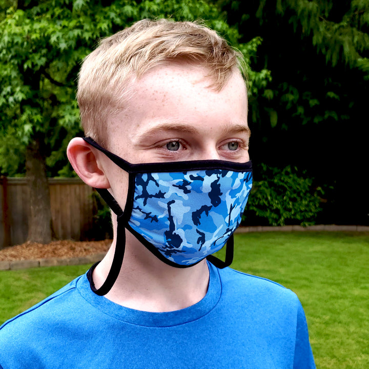 Buttonsmith Blue Camo Adult Adjustable Face Mask with Filter Pocket - Made in the USA - Buttonsmith Inc.