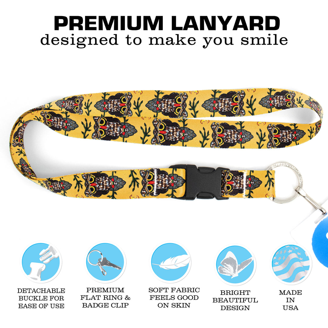 Buttonsmith Owl Premium Lanyard - with Buckle and Flat Ring - Based on Rebecca McGovern Art - Officially Licensed - Made in the USA - Buttonsmith Inc.