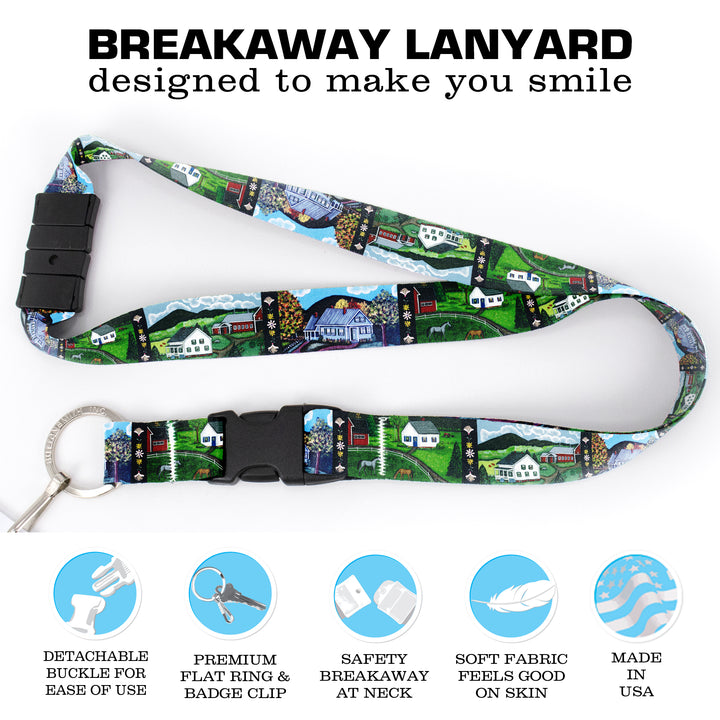 Buttonsmith Farm Houses Breakaway Lanyard - with Buckle and Flat Ring - Based on Rebecca McGovern Art - Officially Licensed - Made in the USA - Buttonsmith Inc.