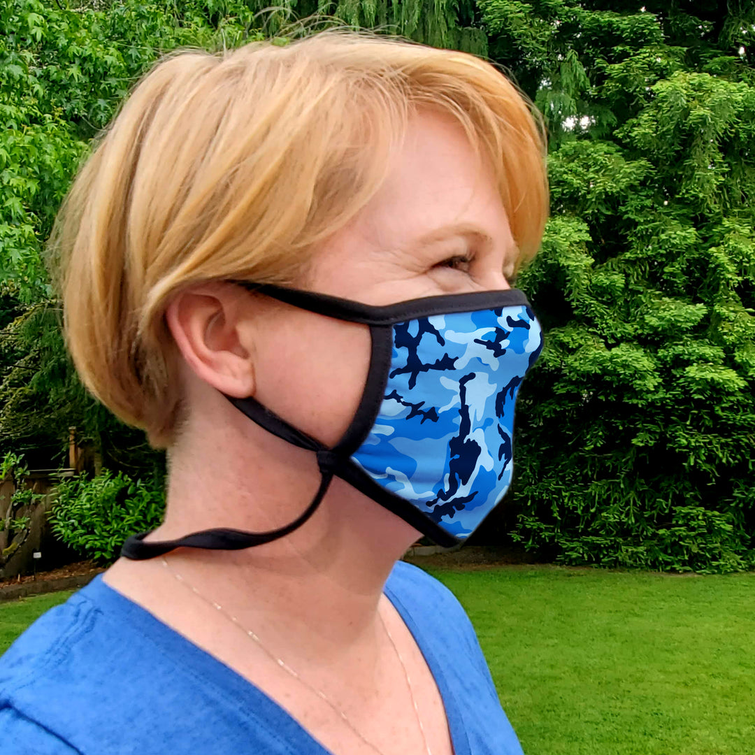 Buttonsmith Blue Camo Adult Adjustable Face Mask with Filter Pocket - Made in the USA - Buttonsmith Inc.