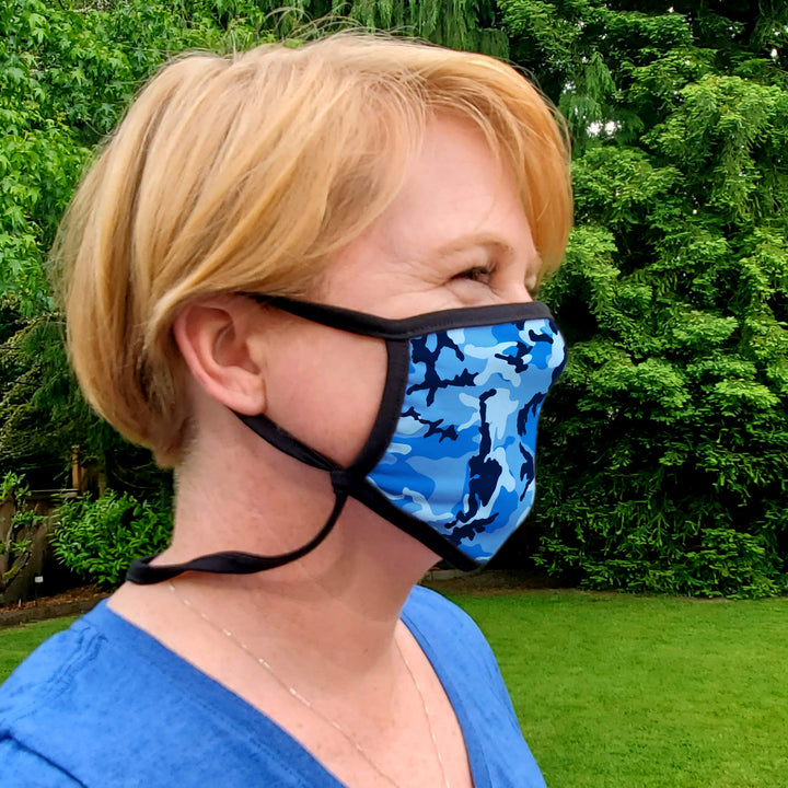 Buttonsmith Blue Camo Adult Adjustable Face Mask with Filter Pocket - Made in the USA - Buttonsmith Inc.