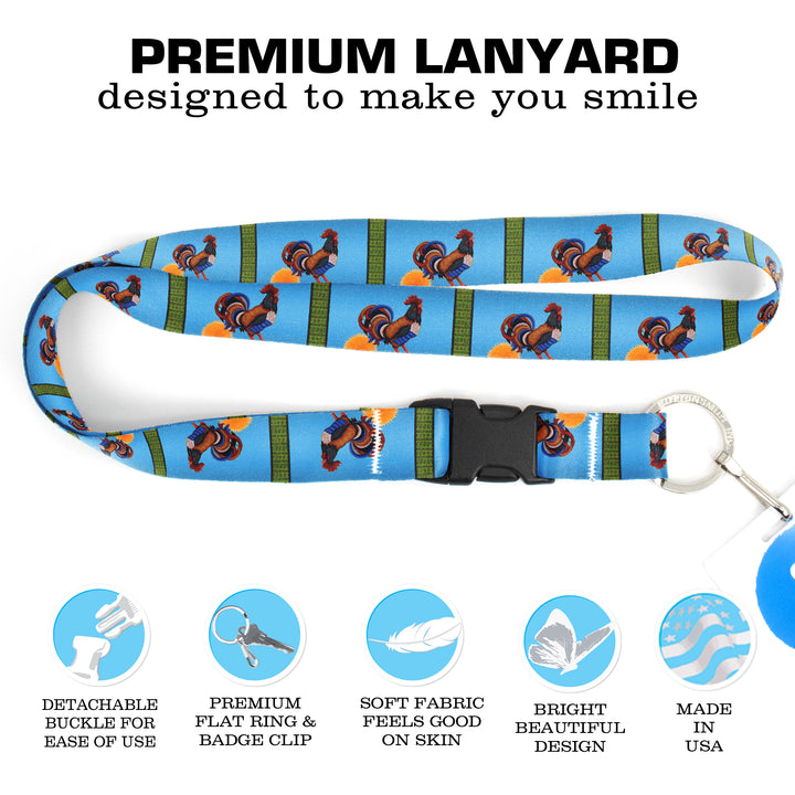 Buttonsmith Rooster Premium Lanyard - with Buckle and Flat Ring - Based on Rebecca McGovern Art - Officially Licensed - Made in the USA - Buttonsmith Inc.