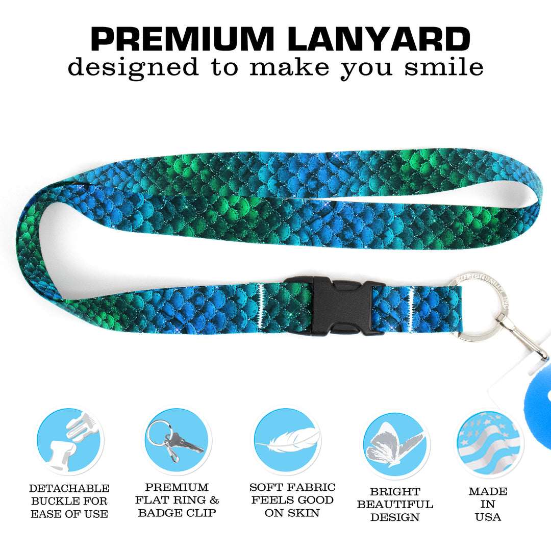 Buttonsmith Blue Mermaid Scales Premium Lanyard - with Buckle and Flat Ring - Made in the USA - Buttonsmith Inc.