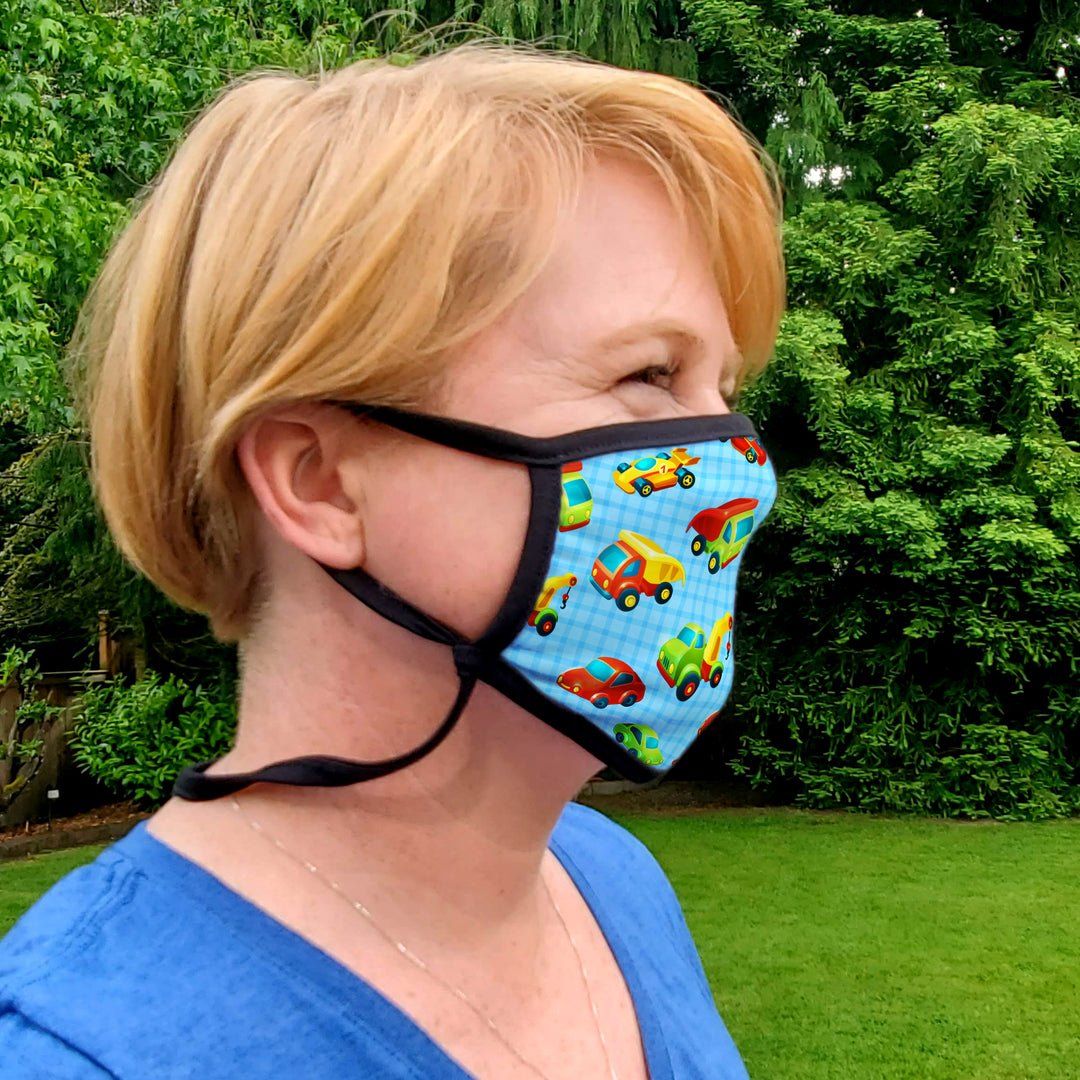 Buttonsmith Cars & Trucks Adult Adjustable Face Mask with Filter Pocket - Made in the USA - Buttonsmith Inc.