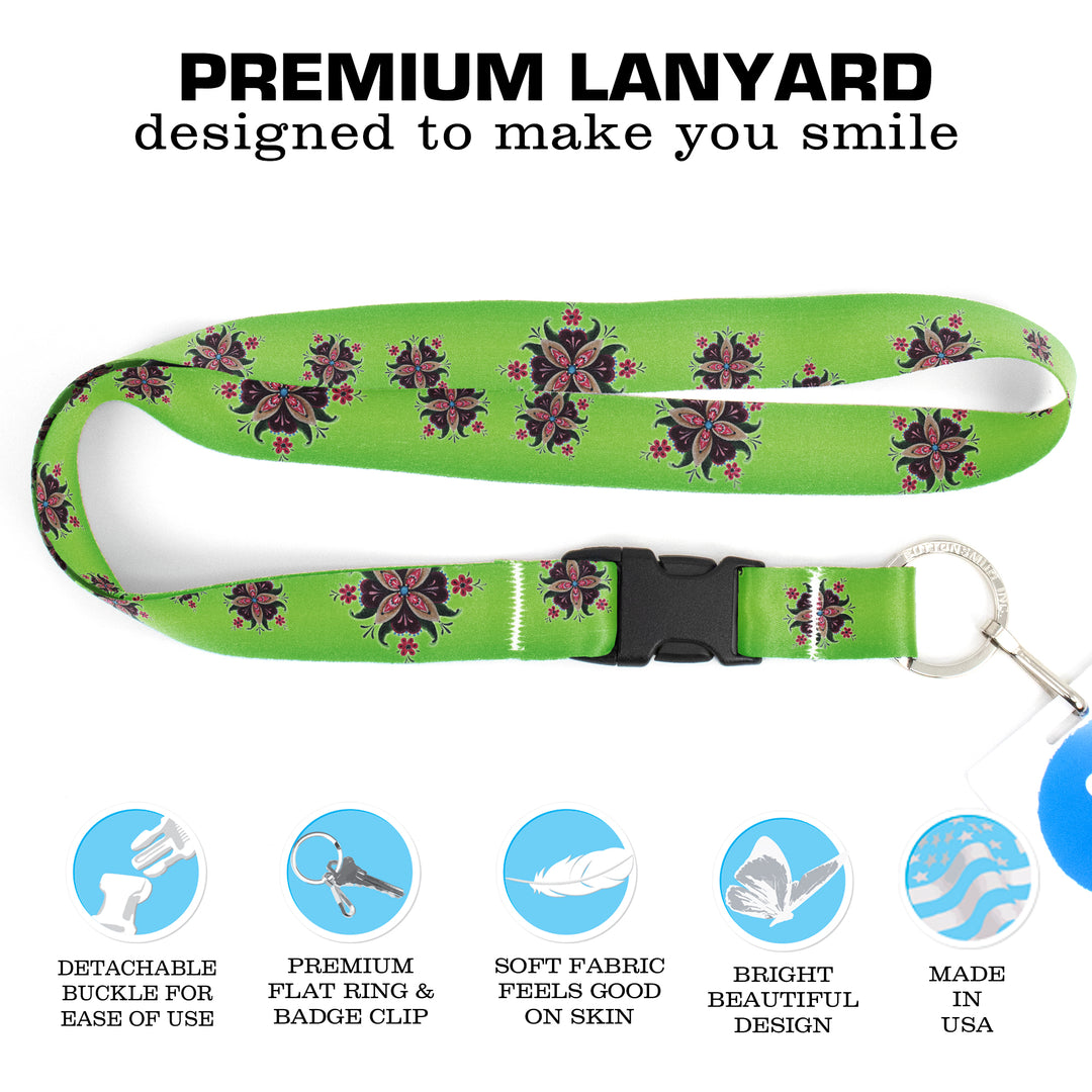 Buttonsmith Purple Rosemaling Premium Lanyard - with Buckle and Flat Ring - Based on Rebecca McGovern Art - Officially Licensed - Made in the USA - Buttonsmith Inc.