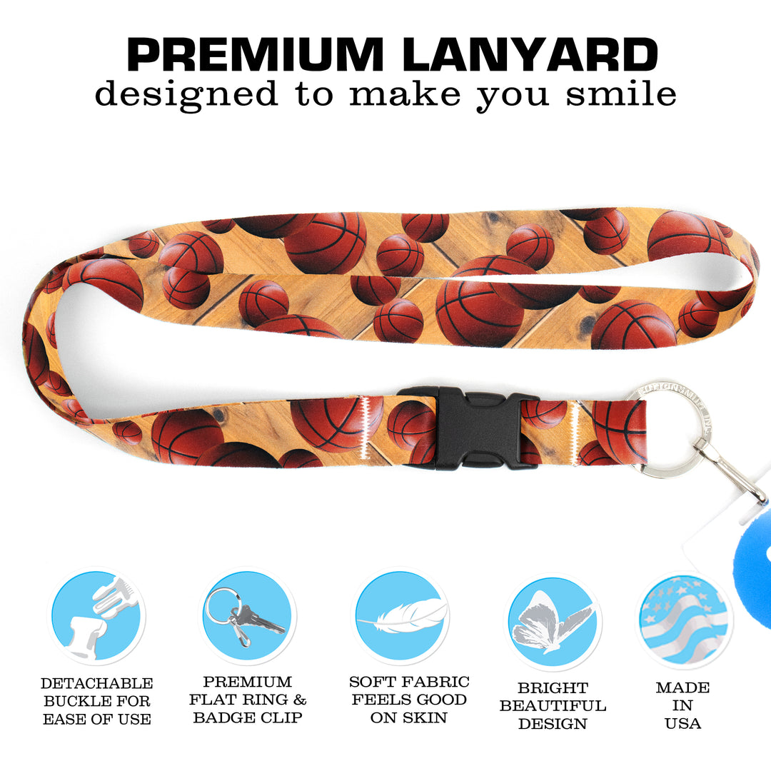 Buttonsmith Basketball Premium Lanyard - with Buckle and Flat Ring - Made in the USA - Buttonsmith Inc.