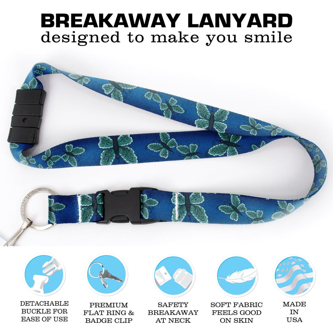 Buttonsmith Blue Butterflies Breakaway Lanyard - with Buckle and Flat Ring - Based on Rebecca McGovern Art - Officially Licensed - Made in the USA - Buttonsmith Inc.