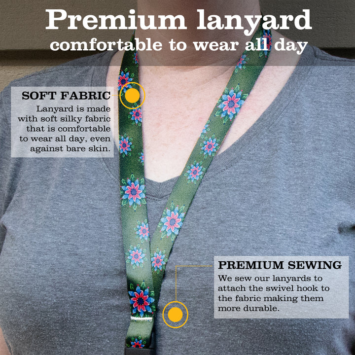 Buttonsmith Pink Rosemaling Premium Lanyard - with Buckle and Flat Ring - Based on Rebecca McGovern Art - Officially Licensed - Made in the USA - Buttonsmith Inc.