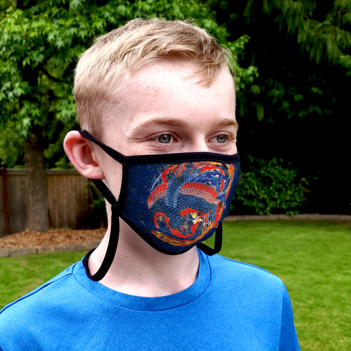 Buttonsmith Hokusai Phoenix Youth Adjustable Face Mask with Filter Pocket - Made in the USA - Buttonsmith Inc.