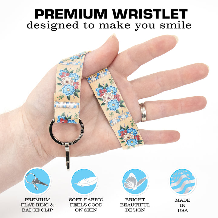 Buttonsmith Quilted Flowers Wristlet Key Chain Lanyard - Short Length with Flat Key Ring and Clip - Based on Rebecca McGovern Art - Officially Licensed - Made in the USA - Buttonsmith Inc.