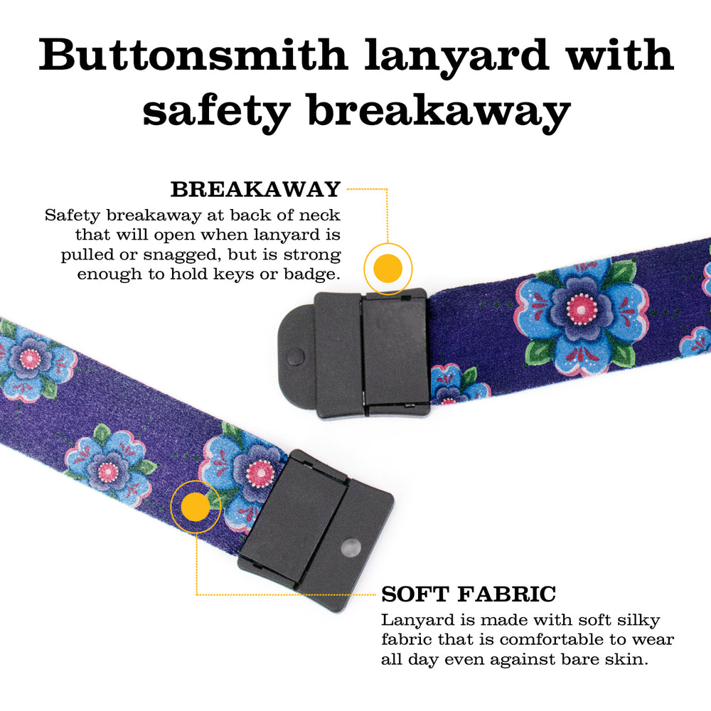 Buttonsmith Blue Rosemaling Breakaway Lanyard - with Buckle and Flat Ring - Based on Rebecca McGovern Art - Officially Licensed - Made in the USA - Buttonsmith Inc.