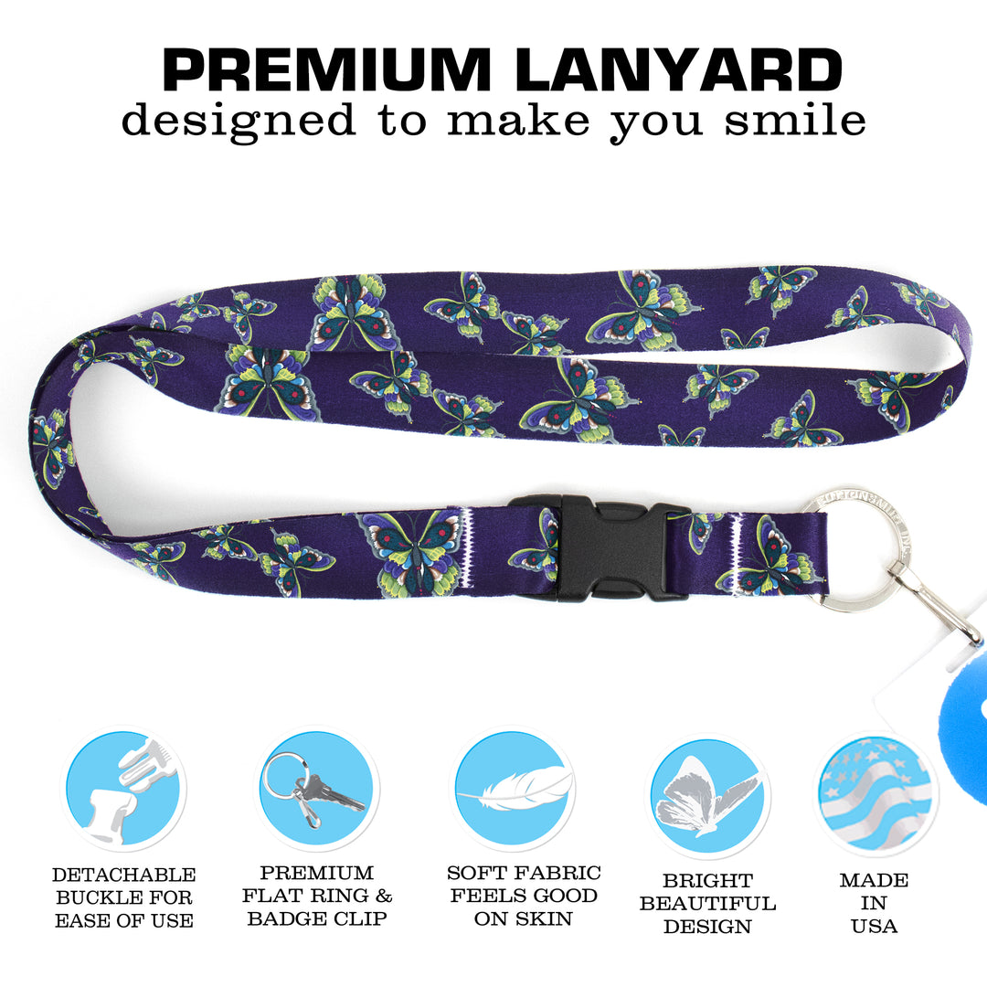 Buttonsmith Butterflies Premium Lanyard - with Buckle and Flat Ring - Based on Rebecca McGovern Art - Officially Licensed - Made in the USA - Buttonsmith Inc.