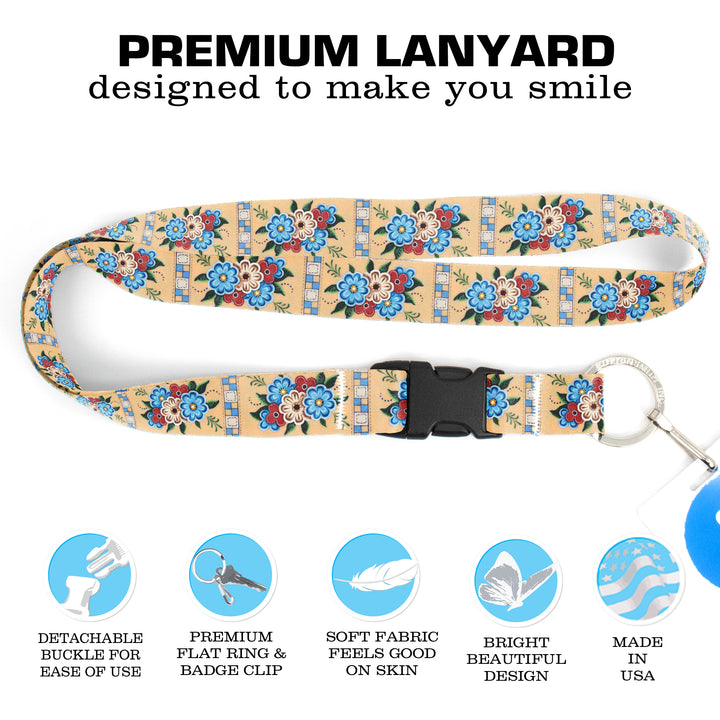 Buttonsmith Quilted Flowers Premium Lanyard - with Buckle and Flat Ring - Based on Rebecca McGovern Art - Officially Licensed - Made in the USA - Buttonsmith Inc.