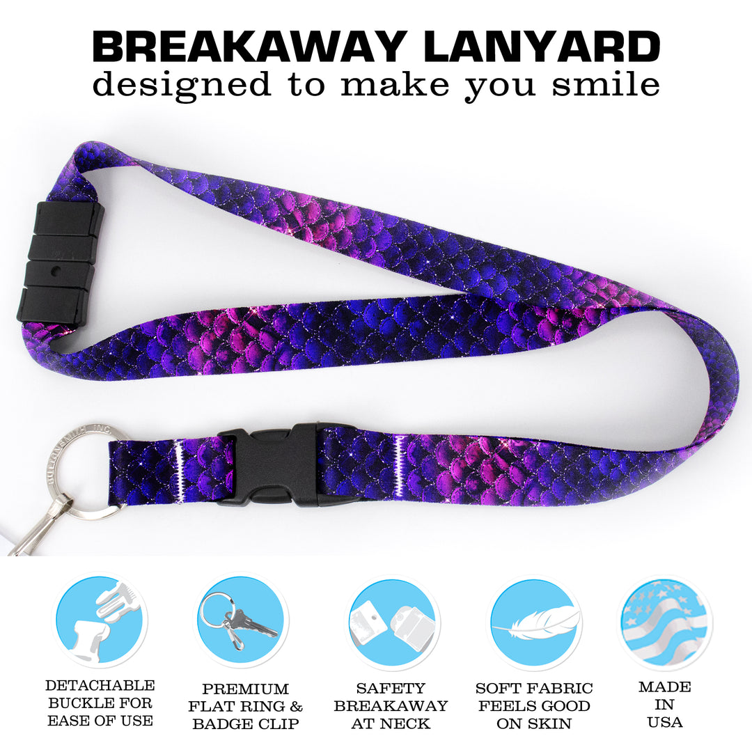 Buttonsmith Purple Mermaid Scales Breakaway Lanyard - with Buckle and Flat Ring - Made in the USA - Buttonsmith Inc.