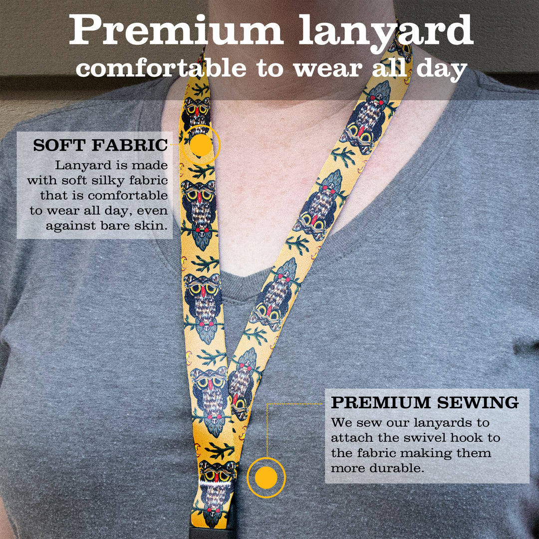 Buttonsmith Owl Premium Lanyard - with Buckle and Flat Ring - Based on Rebecca McGovern Art - Officially Licensed - Made in the USA - Buttonsmith Inc.