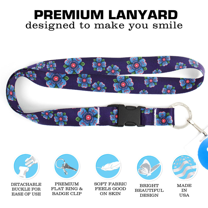 Buttonsmith Blue Rosemaling Premium Lanyard - with Buckle and Flat Ring - Based on Rebecca McGovern Art - Officially Licensed - Made in the USA - Buttonsmith Inc.