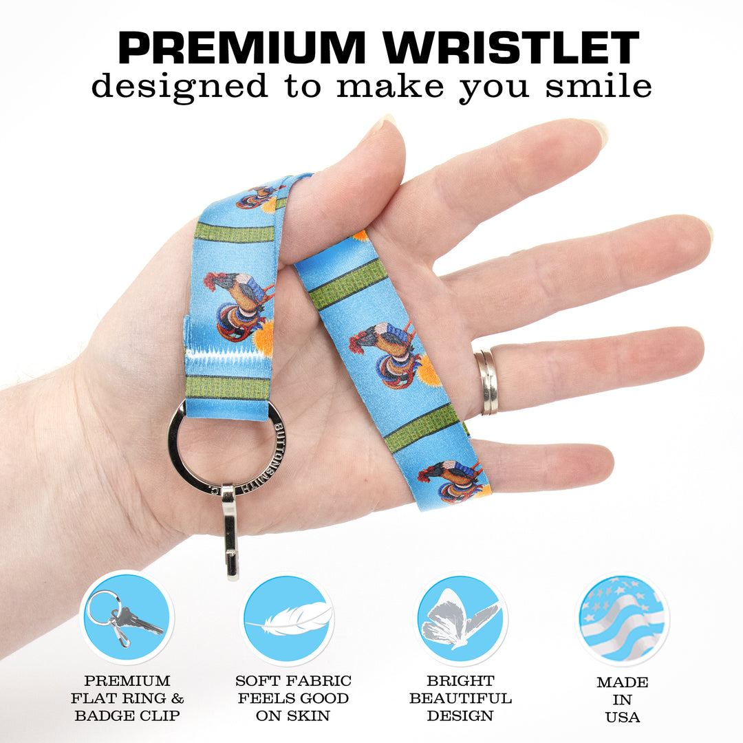 Buttonsmith Rooster Wristlet Key Chain Lanyard - Short Length with Flat Key Ring and Clip - Based on Rebecca McGovern Art - Officially Licensed - Made in the USA - Buttonsmith Inc.